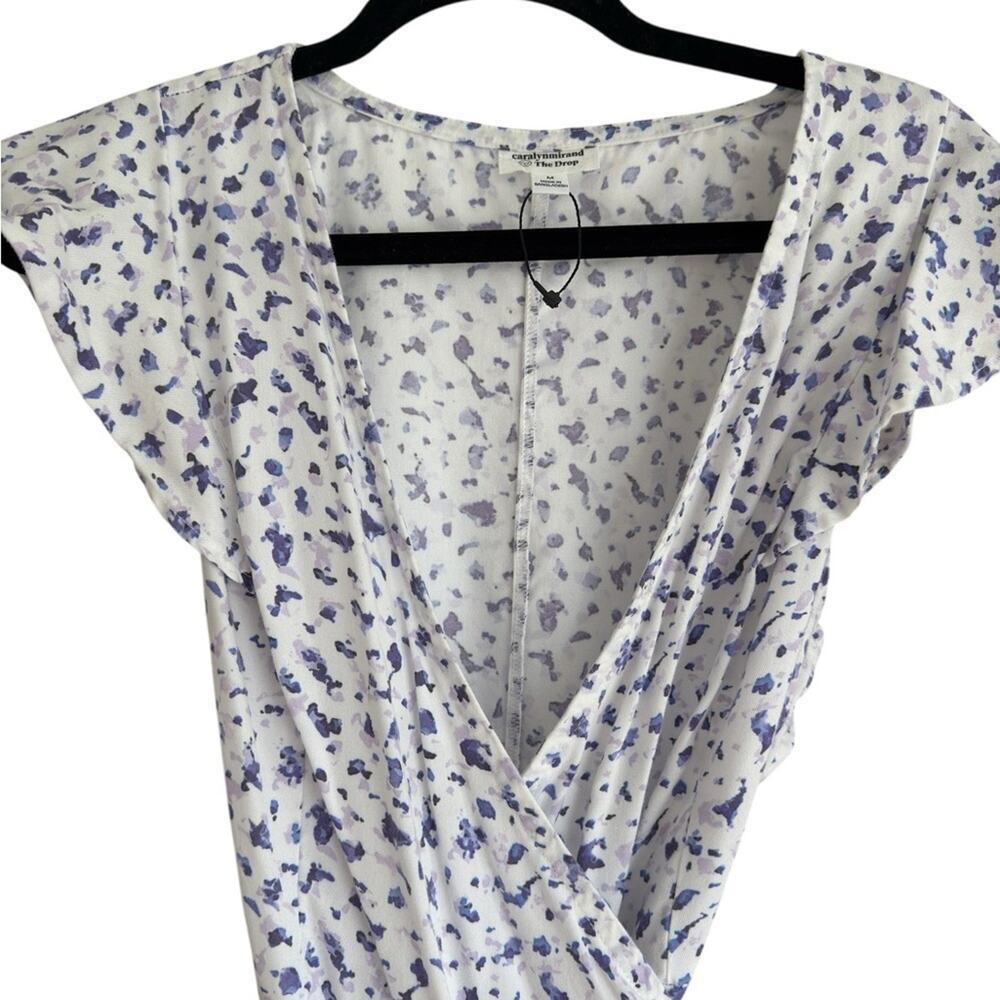 Blue Floral Wrap Midi Dress Ruffle Sleeve Cottagecore Coastal Brunch - Picture 5 of 9